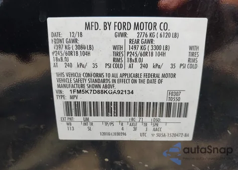 2019 Ford Explorer Xlt из США, поврежденный, VIN 1FM5K7D88KGA92134